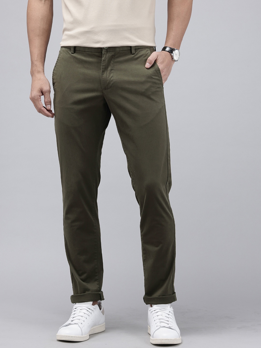 

Arrow Men Original Slim Fit Low-Rise Trousers, Olive