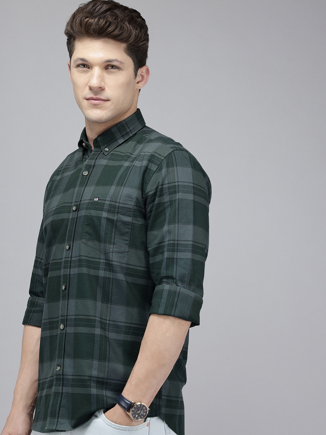 

Arrow Manhattan Slim Fit Opaque Checked Pure Cotton Formal Shirt, Green