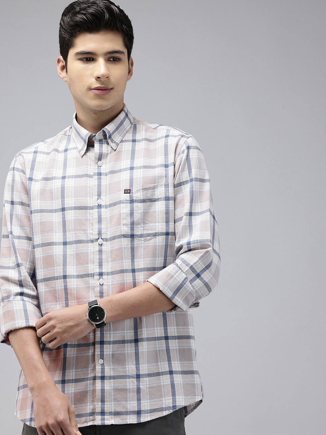 

Arrow Manhattan Slim Fit Checked Pure Cotton Casual Shirt, Beige