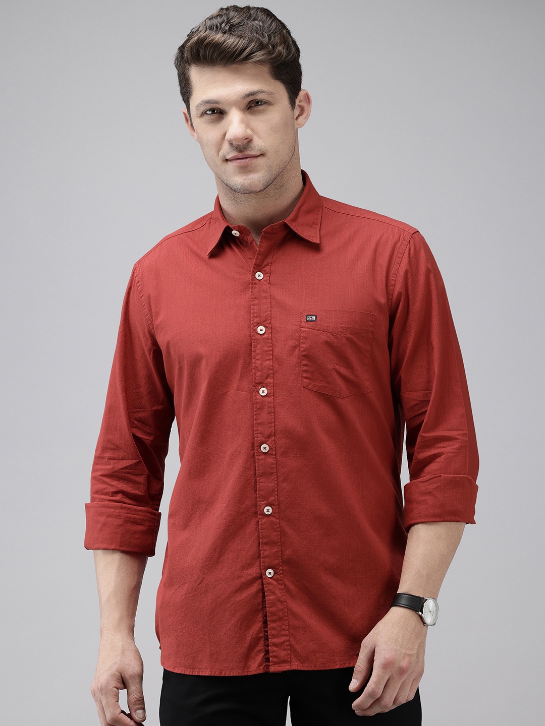 

Arrow Pure Cotton Self Design Manhattan Slim Fit Textured Shirt, Red