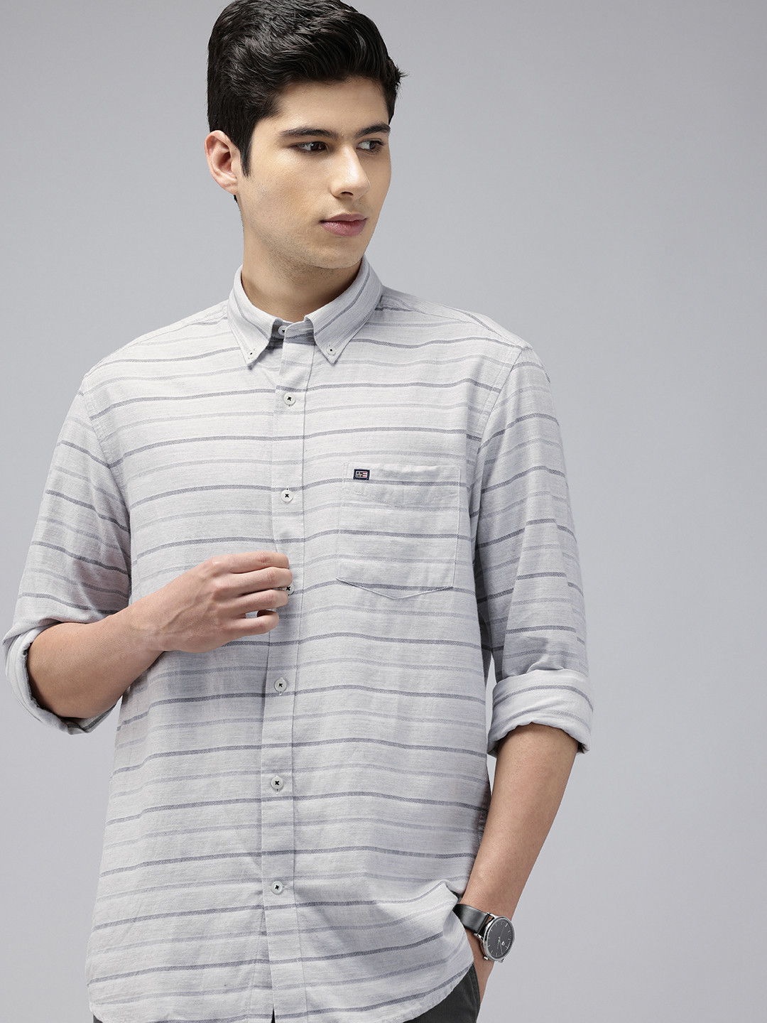 

Arrow Manhattan Slim Fit Horizontal Striped Pure Cotton Casual Shirt, Grey