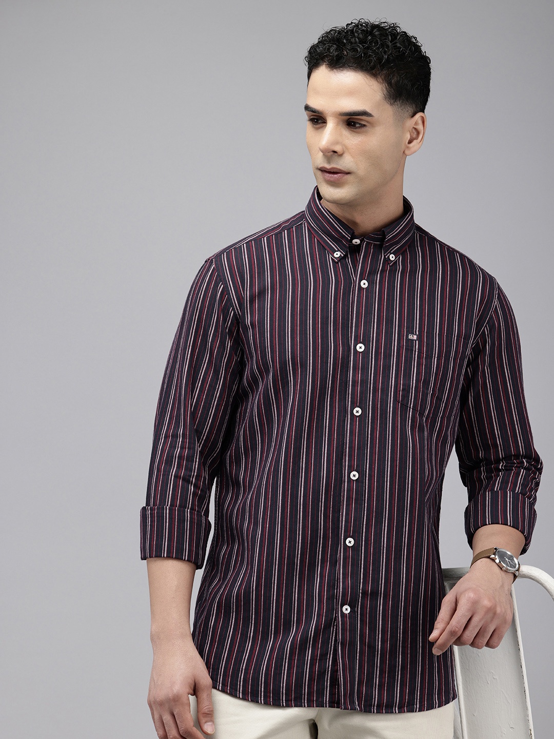 

Arrow Pure Cotton Manhattan Slim Fit Striped Casual Shirt, Navy blue