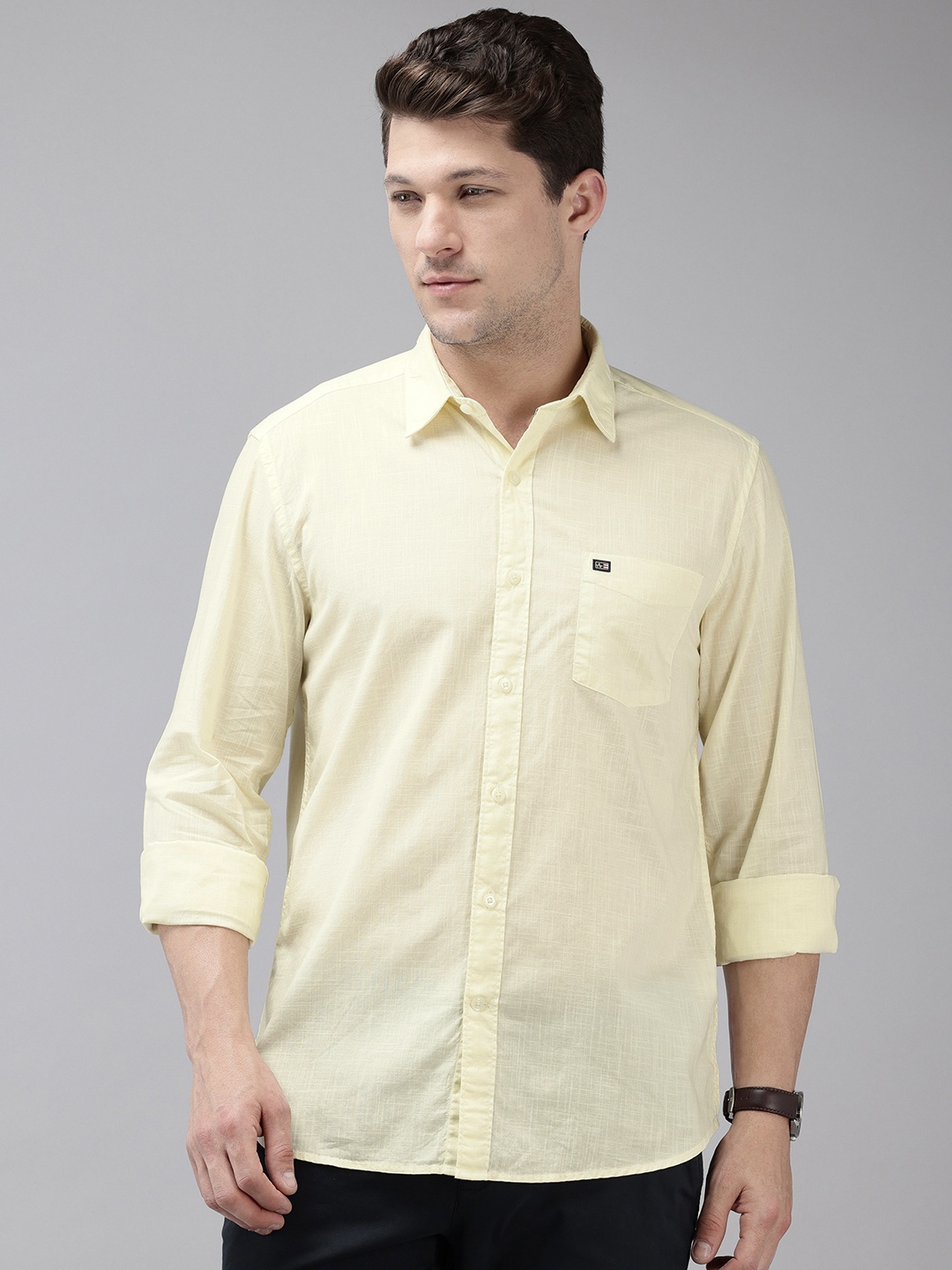 

Arrow Pure Cotton Self Design Manhattan Slim Fit Textured Shirt, Yellow