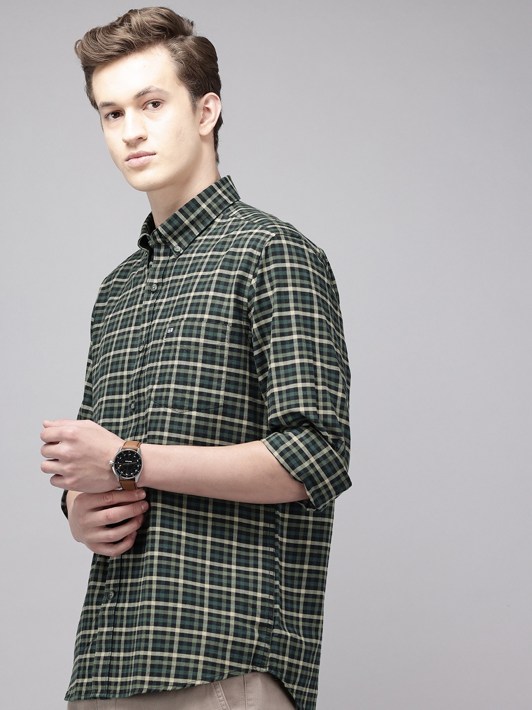 

Arrow Manhattan Slim Fit Opaque Checked Pure Cotton Casual Shirt, Green