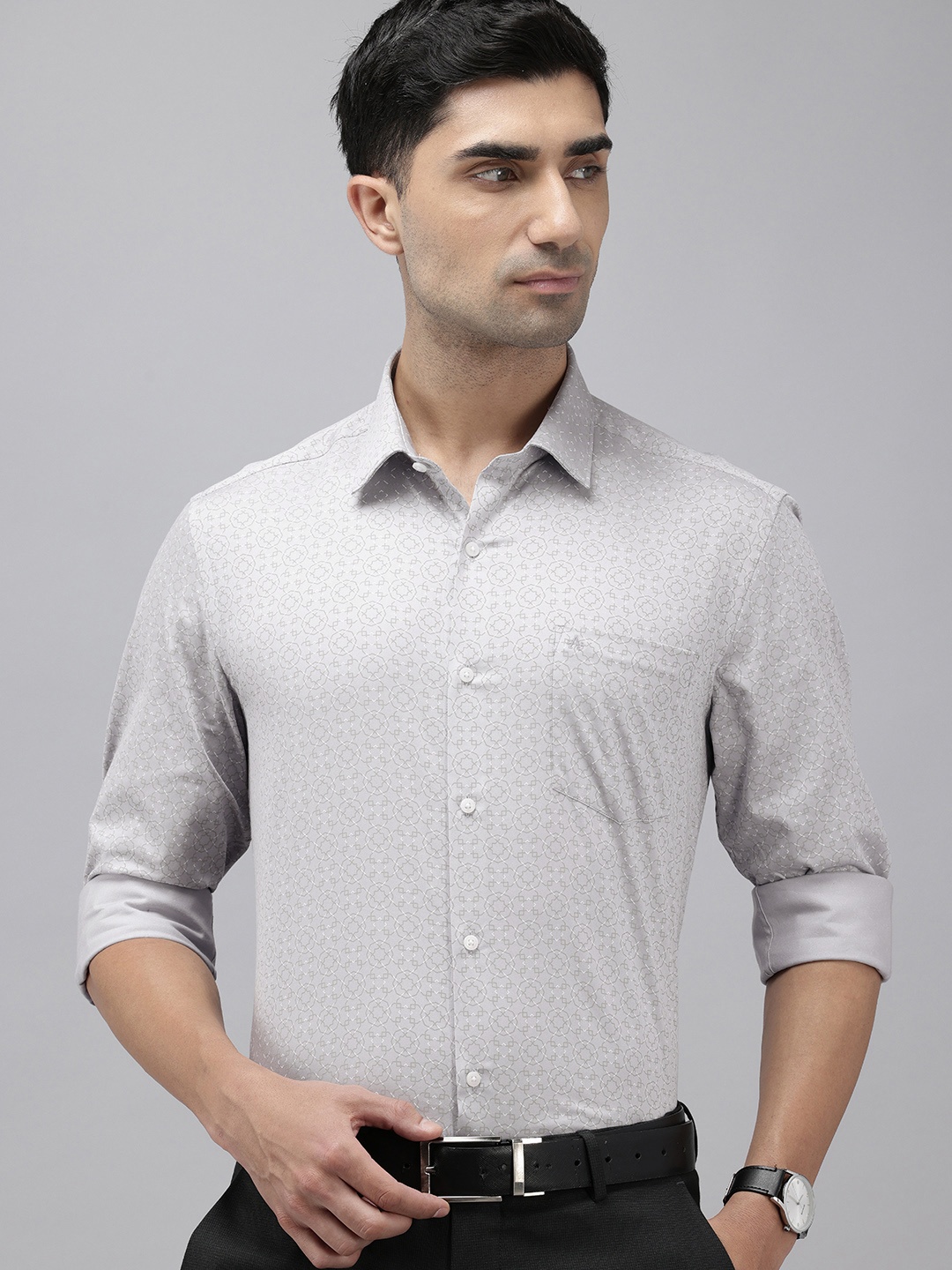 

Arrow Pure Cotton Manhattan Slim Fit Geometric Printed Formal Shirt, Grey