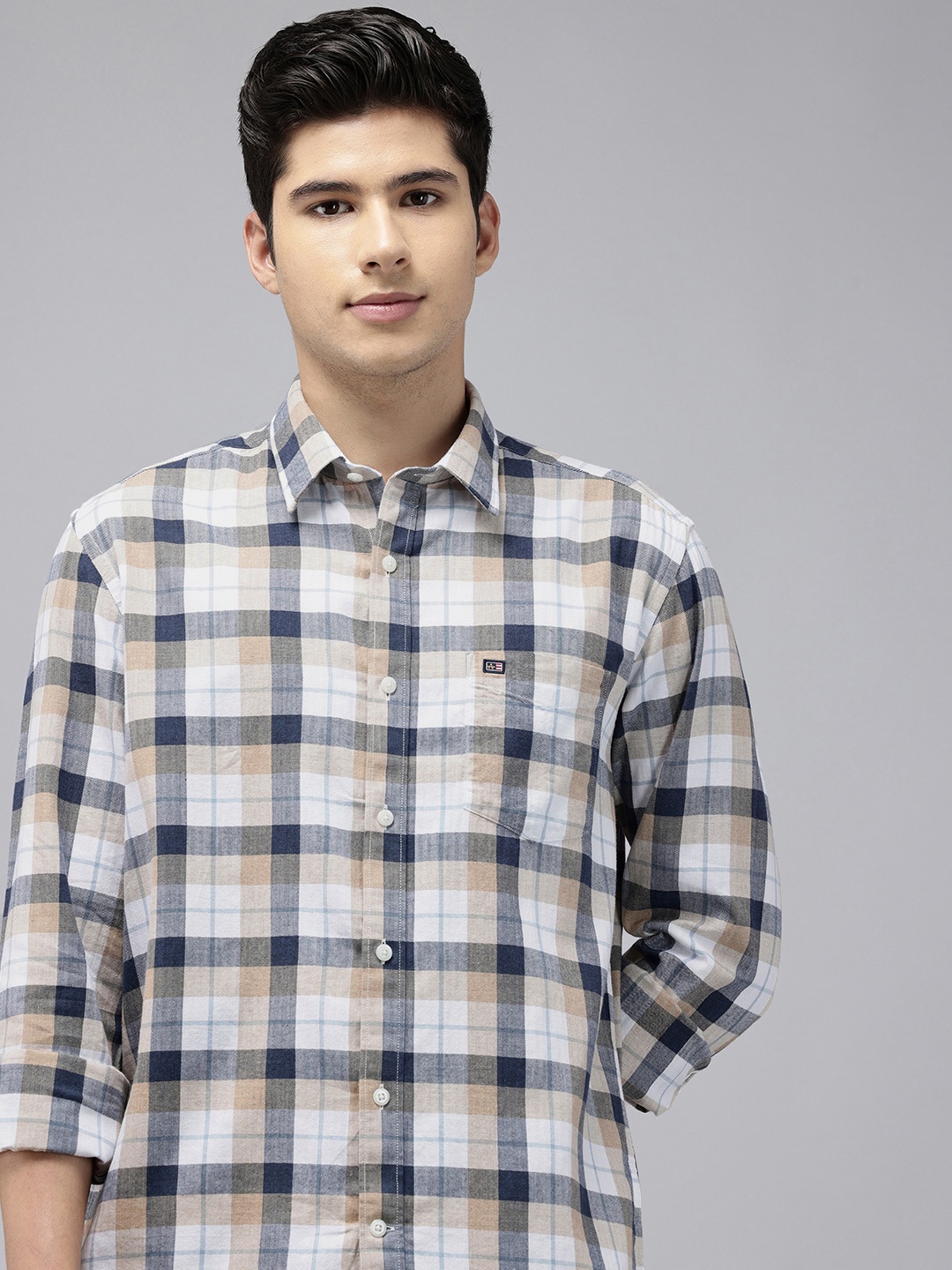 

Arrow Manhattan Slim Fit Checked Pure Cotton Casual Shirt, Beige