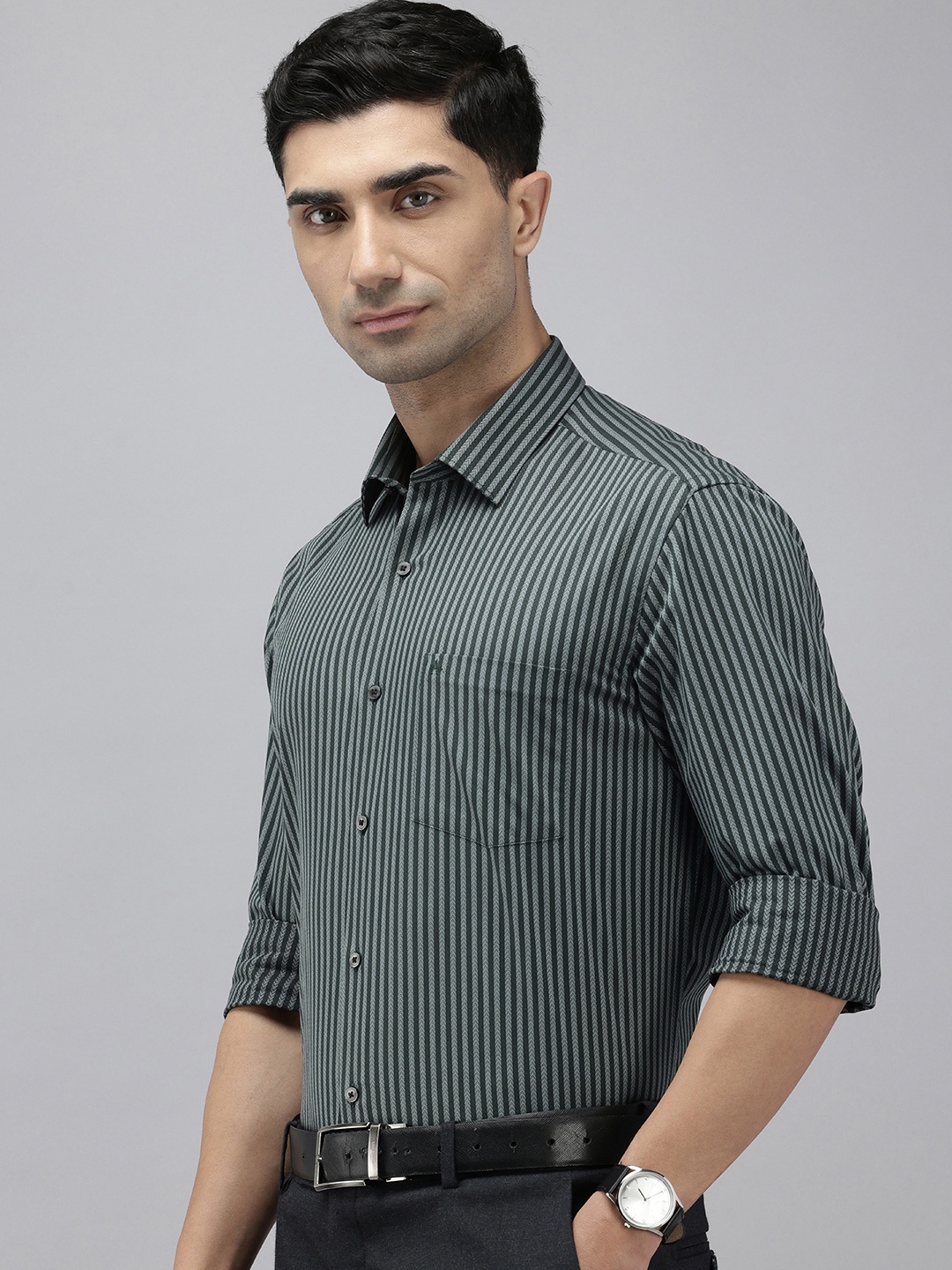 

Arrow Pure Cotton Manhattan Slim Fit Opaque Striped Formal Shirt, Green