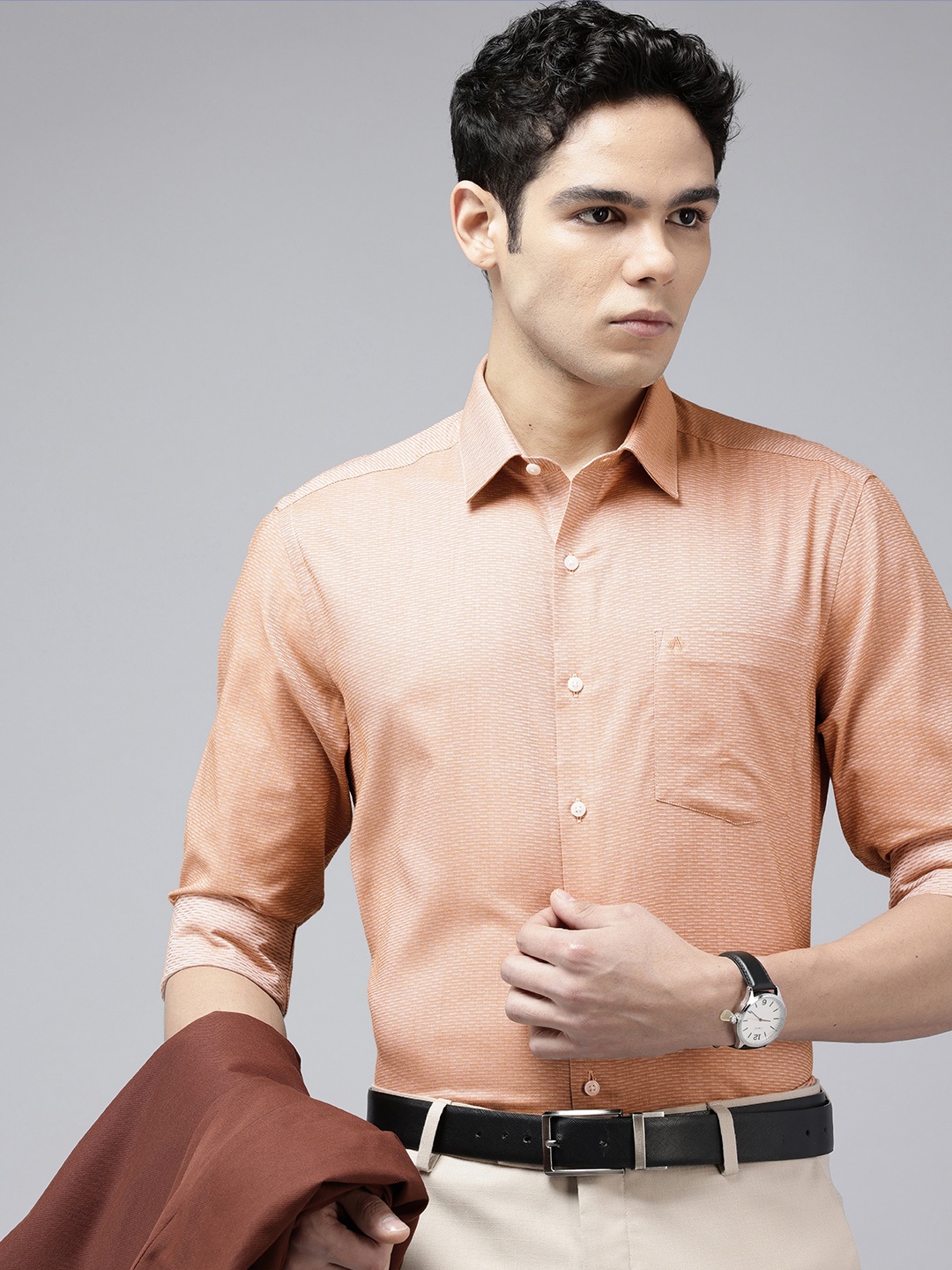 

Arrow Pure Cotton Self Design Manhattan Slim Fit Textured Formal Shirt, Orange