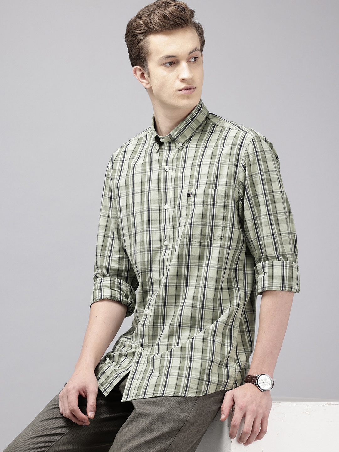 

Arrow Manhattan Slim Fit Opaque Checked Pure Cotton Casual Shirt, Green