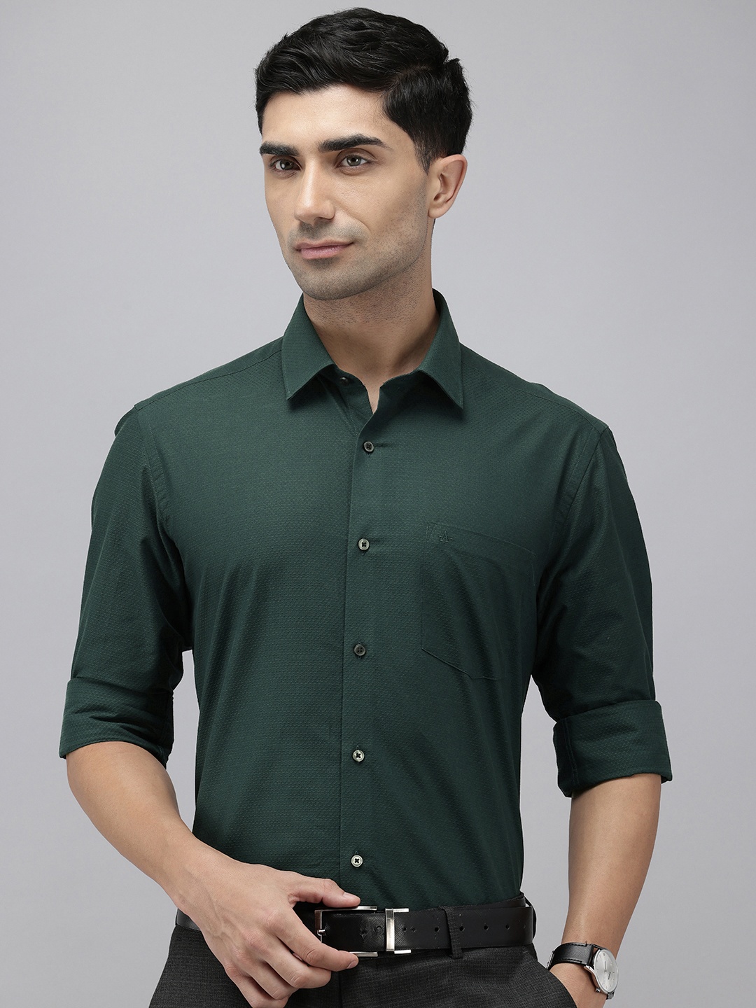 

Arrow Pure Cotton Self Design Manhattan Slim Fit Textured Formal Shirt, Green