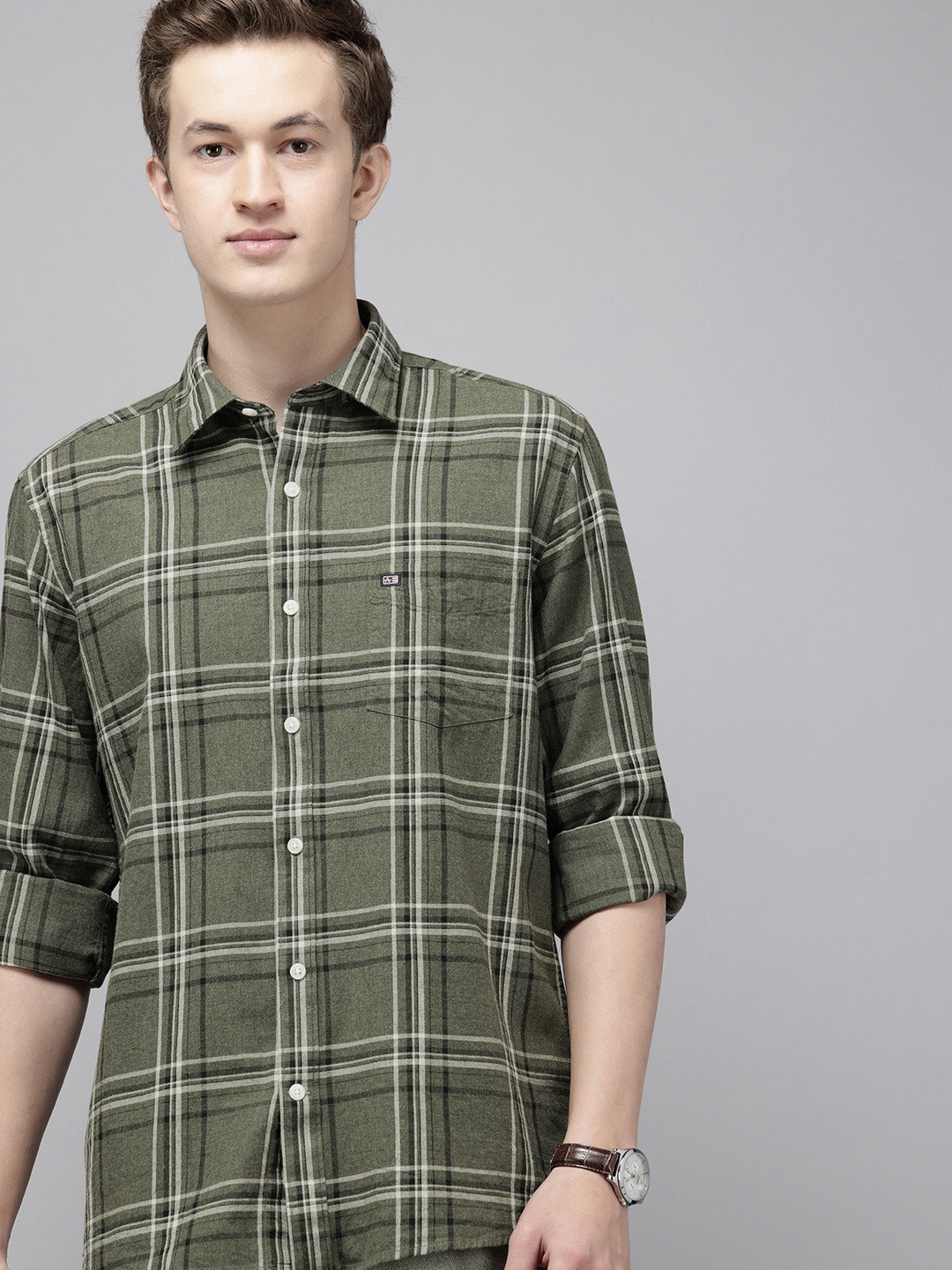 

Arrow Manhattan Slim Fit Checked Pure Cotton Casual Shirt, Green