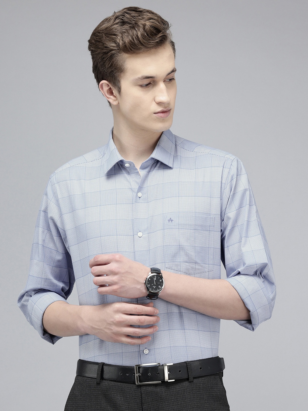 

Arrow Manhattan Slim Fit Opaque Checked Pure Cotton Formal Shirt, Blue