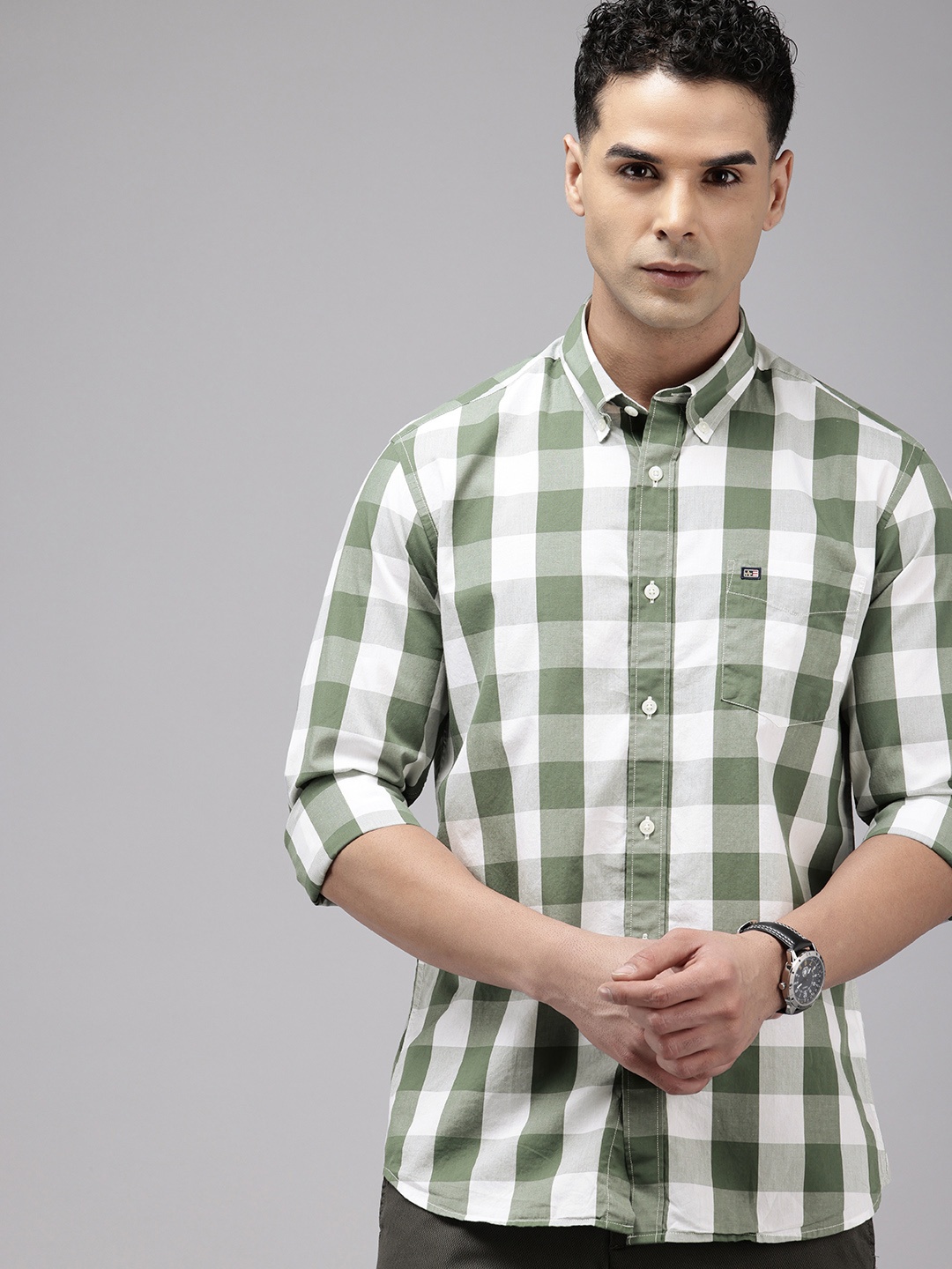 

Arrow Pure Cotton Manhattan Slim Fit Opaque Checked Casual Shirt, Green