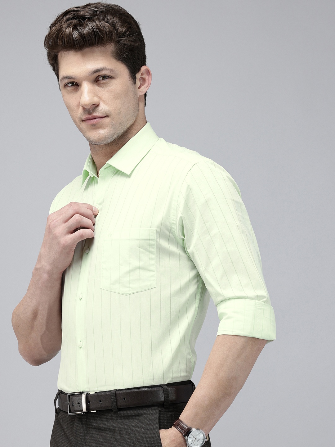 

Arrow Manhattan Slim Fit Self Striped Pure Cotton Formal Shirt, Green