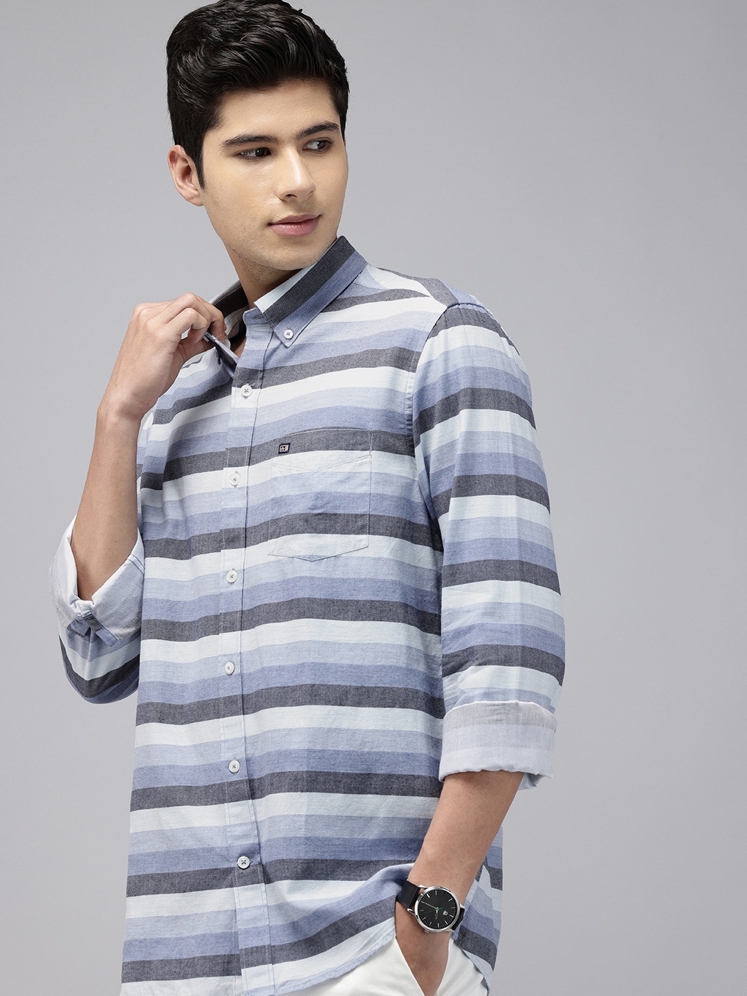 

Arrow Manhattan Slim Fit Horizontal Striped Pure Cotton Casual Shirt, Blue