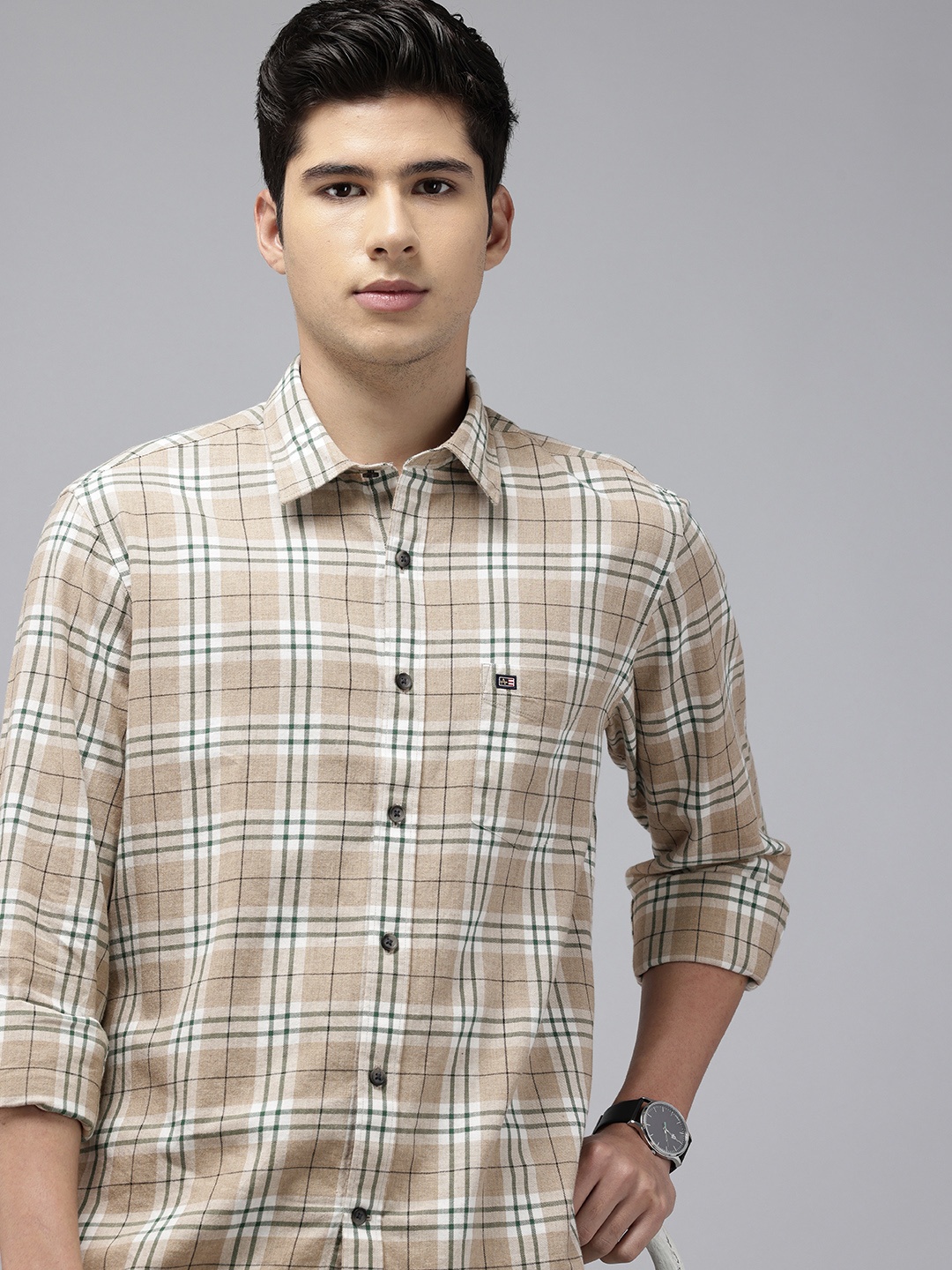 

Arrow Manhattan Slim Fit Checked Pure Cotton Casual Shirt, Beige