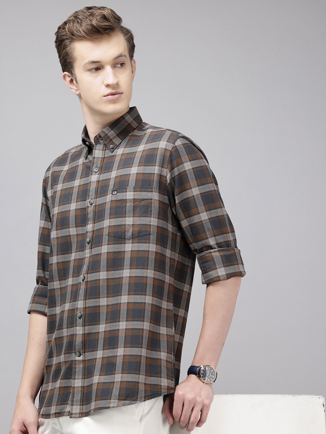 

Arrow Manhattan Slim Fit Checked Pure Cotton Casual Shirt, Brown