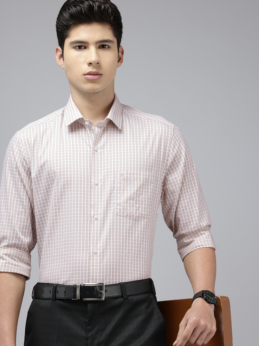 

Arrow Pure Cotton Manhattan Slim Fit Opaque Checked Formal Shirt, Beige