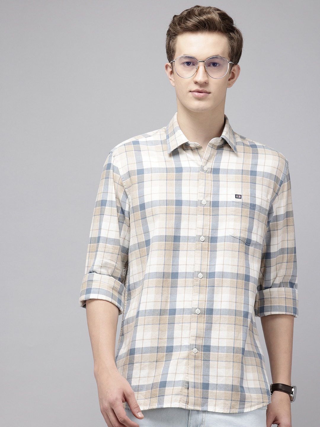 

Arrow Manhattan Slim Fit Checked Pure Cotton Casual Shirt, Beige
