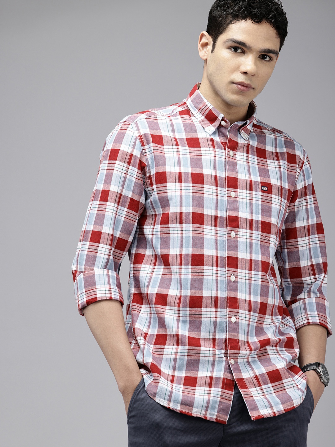 

Arrow Manhattan Slim Fit Checked Button-Down Collar Pure Cotton Casual Shirt, Red