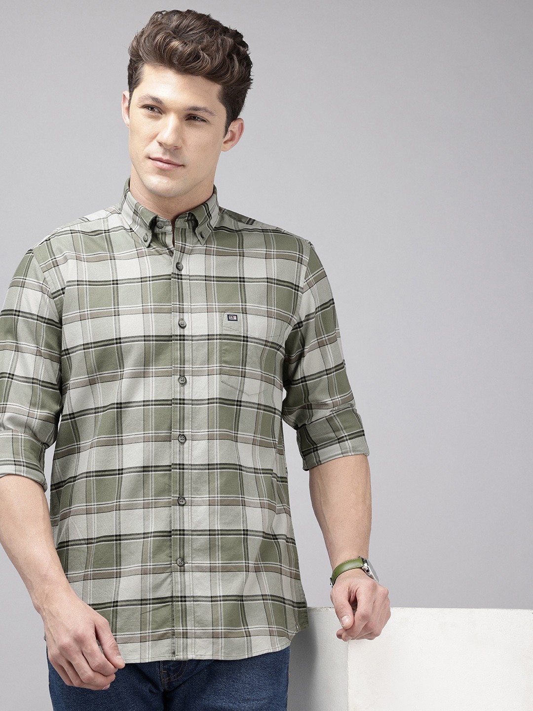 

Arrow Manhattan Slim Fit Checked Pure Cotton Casual Shirt, Green