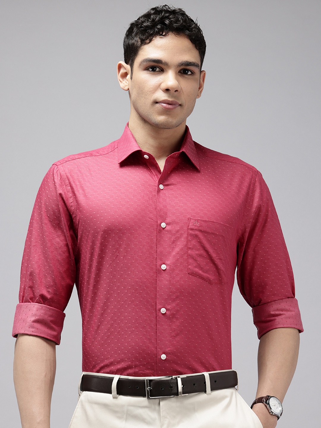 

Arrow Manhattan Slim Fit Self Design Textured Pure Cotton Formal Shirt, Red