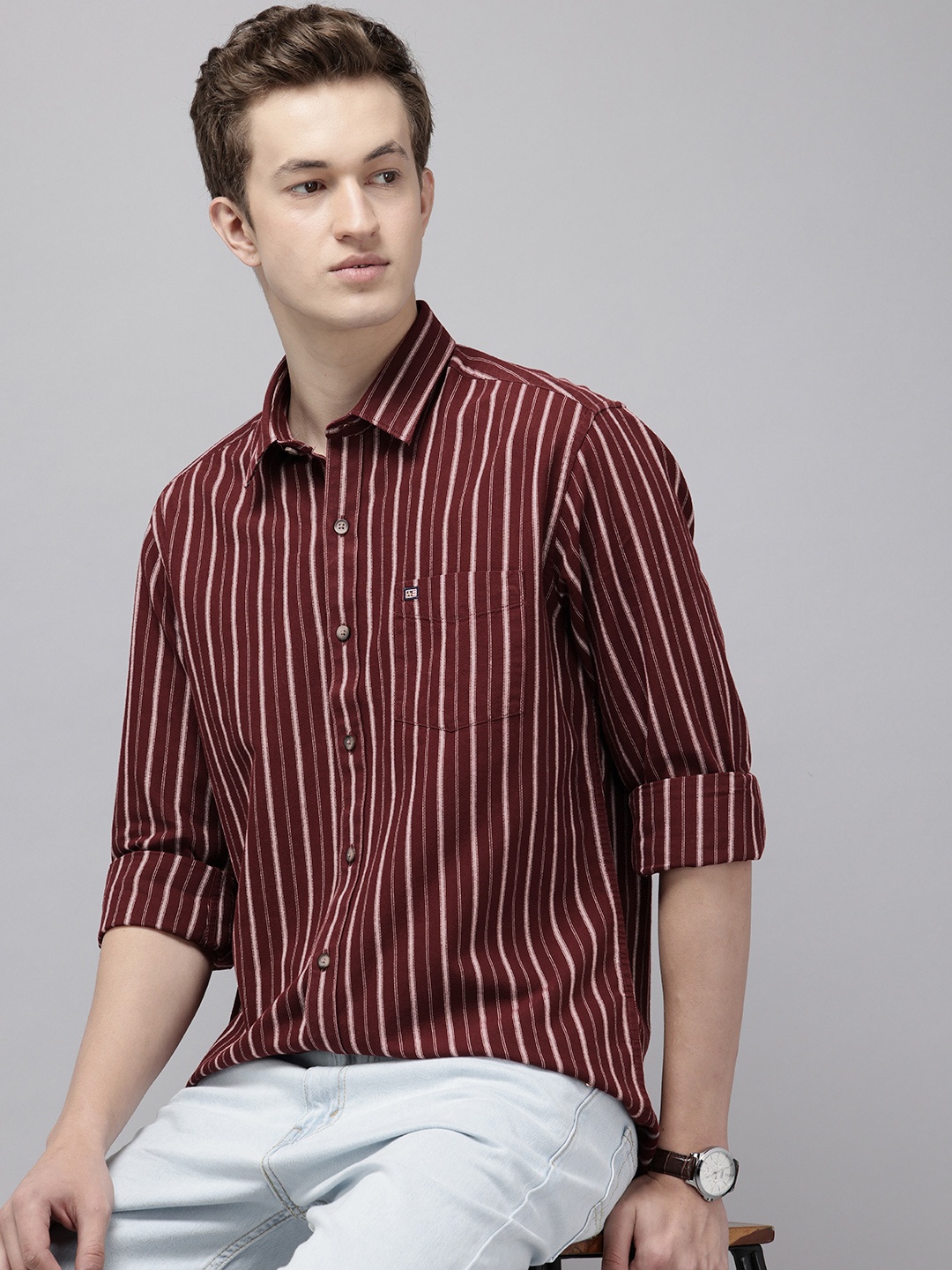 

Arrow Pure Cotton Manhattan Slim Fit Striped Casual Shirt, Maroon