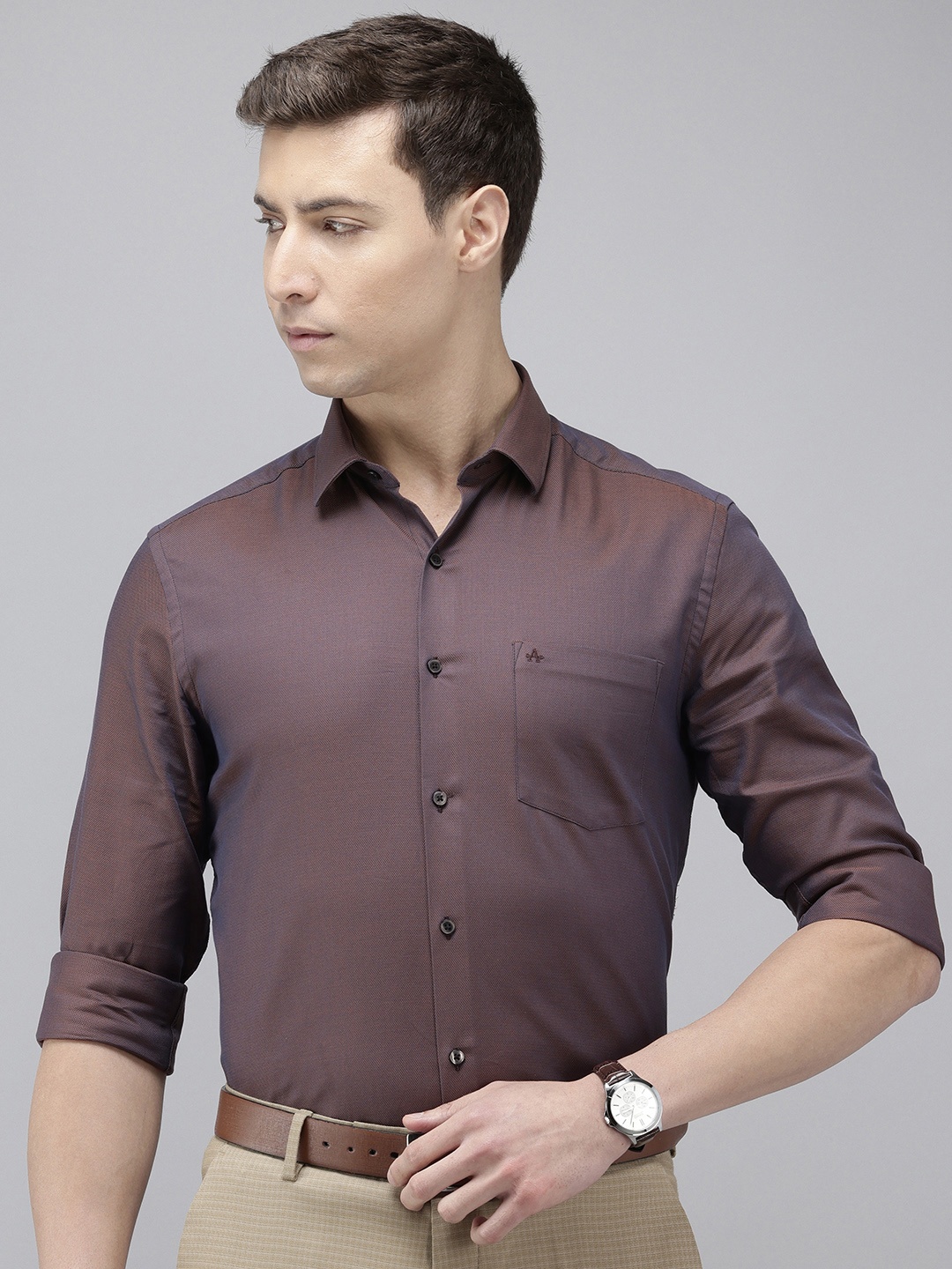 

Arrow Pure Cotton Self Design Manhattan Slim Fit Opaque Formal Shirt, Brown