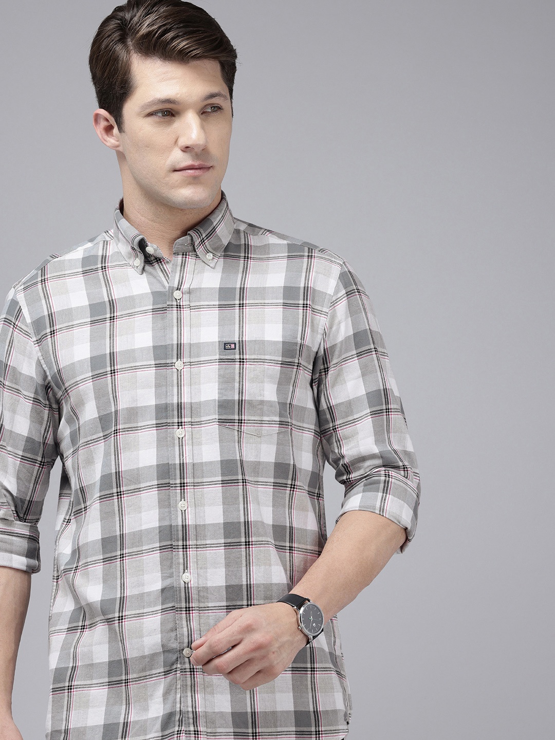 

Arrow Pure Cotton Manhattan Slim Fit Opaque Checked Casual Shirt, Grey