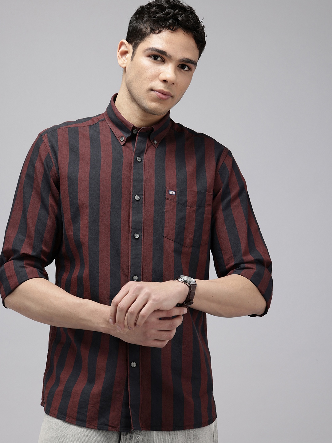 

Arrow Manhattan Slim Fit Striped Pure Cotton Casual Shirt, Maroon