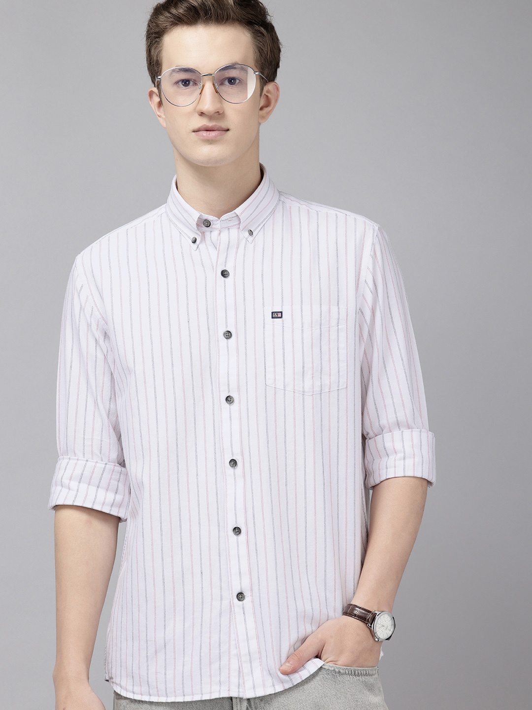 

Arrow Manhattan Slim Fit Striped Pure Cotton Casual Shirt, White