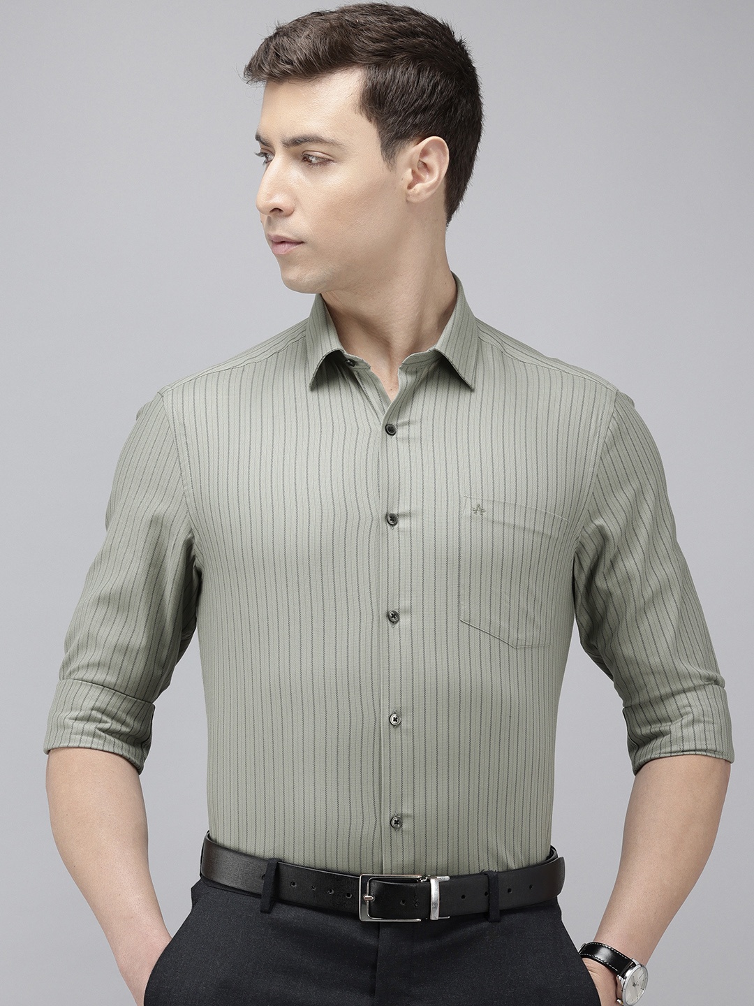 

Arrow Manhattan Slim Fit Self Striped Pure Cotton Formal Shirt, Green