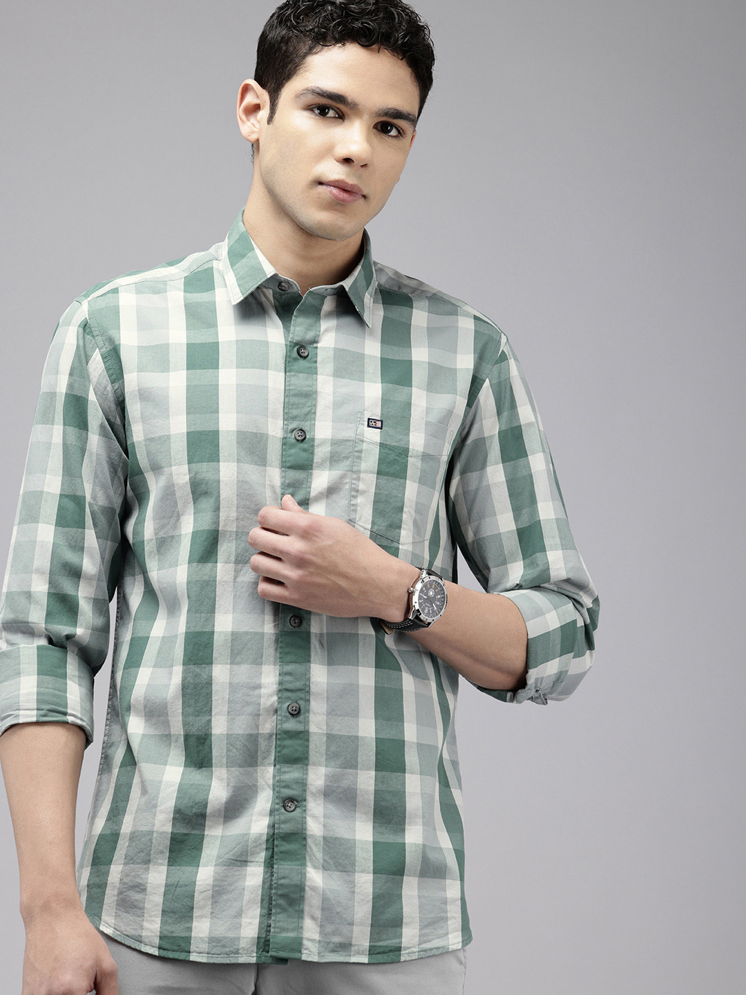 

Arrow Manhattan Slim Fit Checked Pure Cotton Casual Shirt, Green