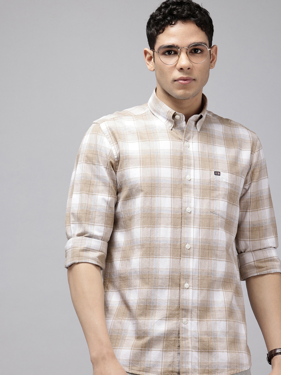 

Arrow Manhattan Slim Fit Checked Pure Cotton Casual Shirt, Beige
