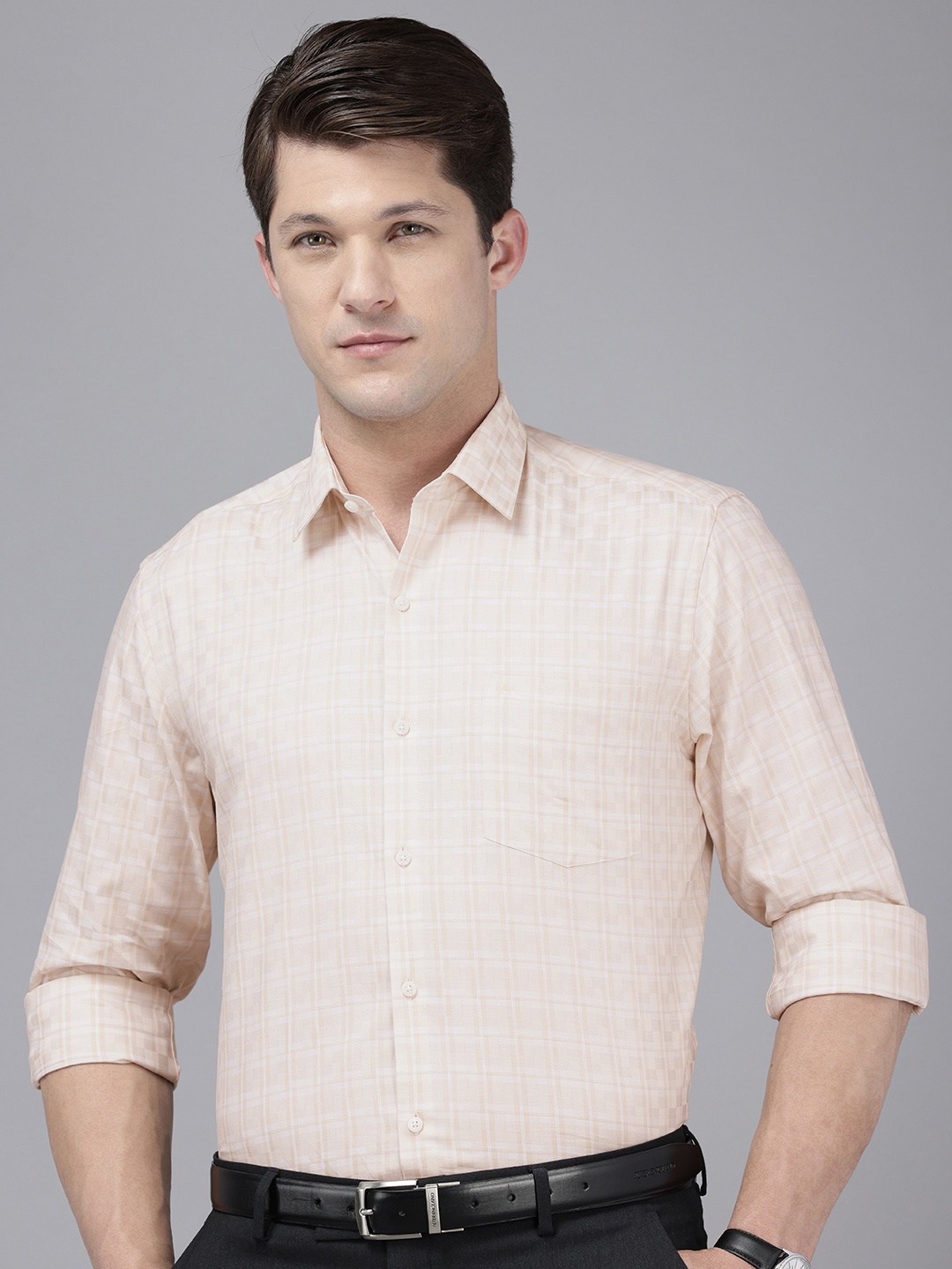 

Arrow Pure Cotton Manhattan Slim Fit Self-Checked Formal Shirt, Peach