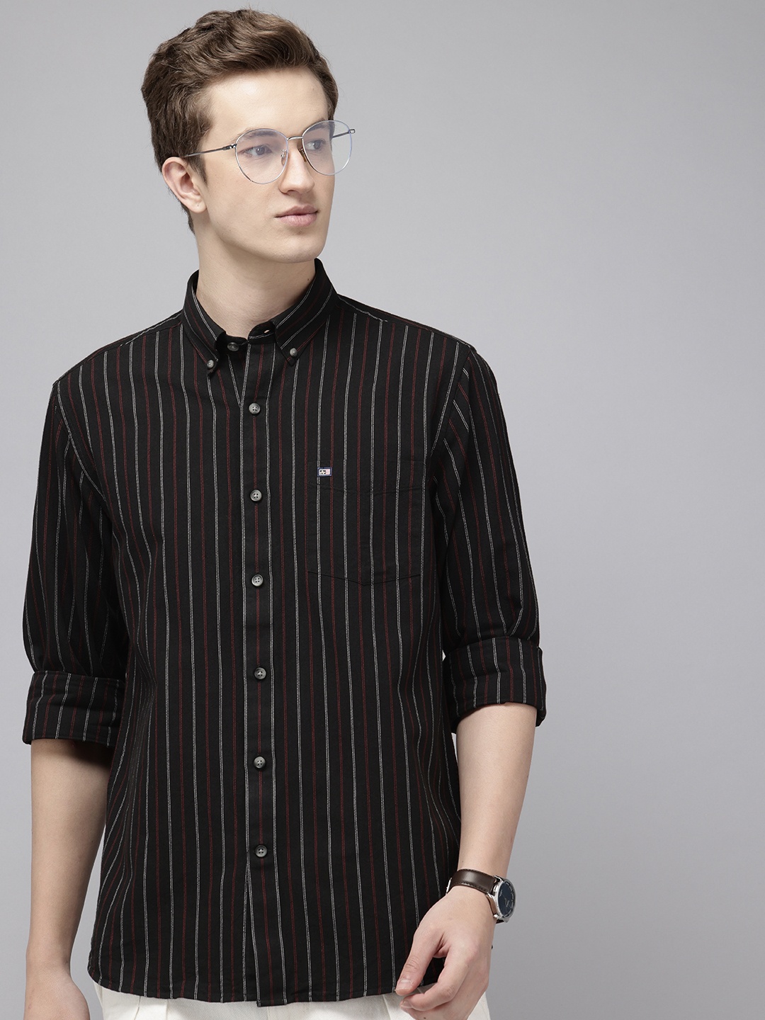 

Arrow Pure Cotton Manhattan Slim Fit Button-Down Collar Striped Casual Shirt, Black