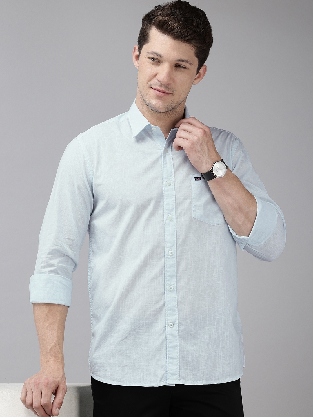 

Arrow Pure Cotton Self Design Manhattan Slim Fit Textured Shirt, Blue