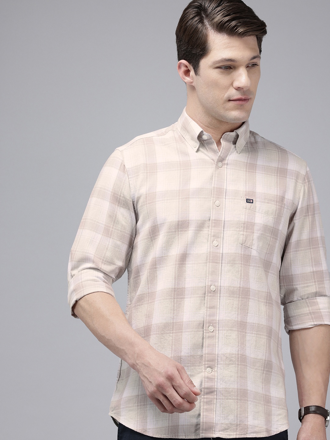 

Arrow Pure Cotton Manhattan Slim Fit Opaque Checked Casual Shirt, Beige