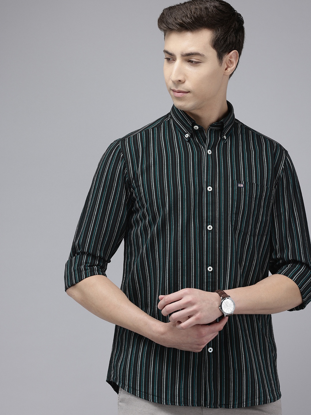 

Arrow Pure Cotton Manhattan Slim Fit Button-Down Collar Striped Casual Shirt, Green