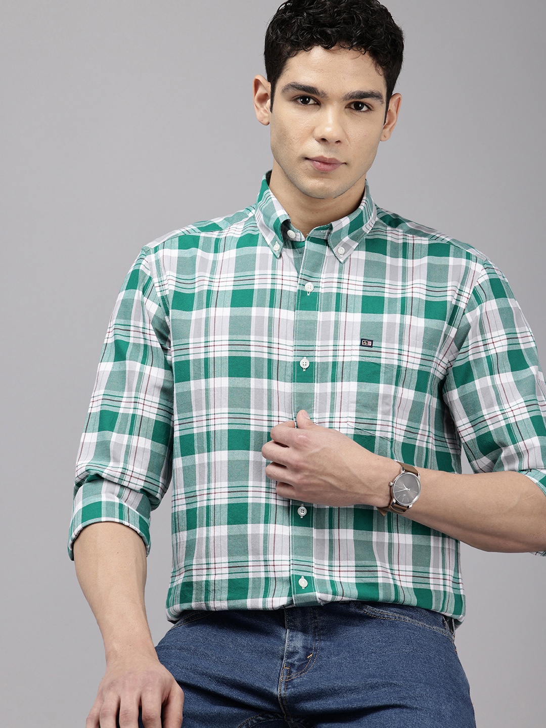 

Arrow Pure Cotton Manhattan Slim Fit Opaque Checked Casual Shirt, Green