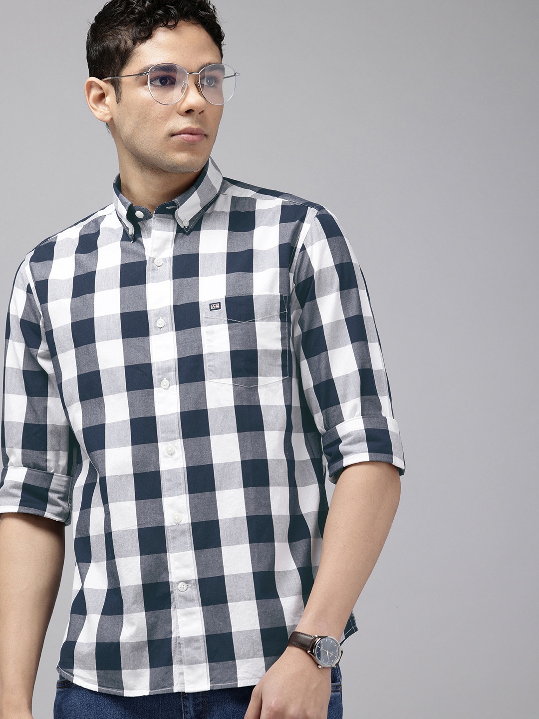 

Arrow Manhattan Slim Fit Checked Pure Cotton Casual Shirt, Blue