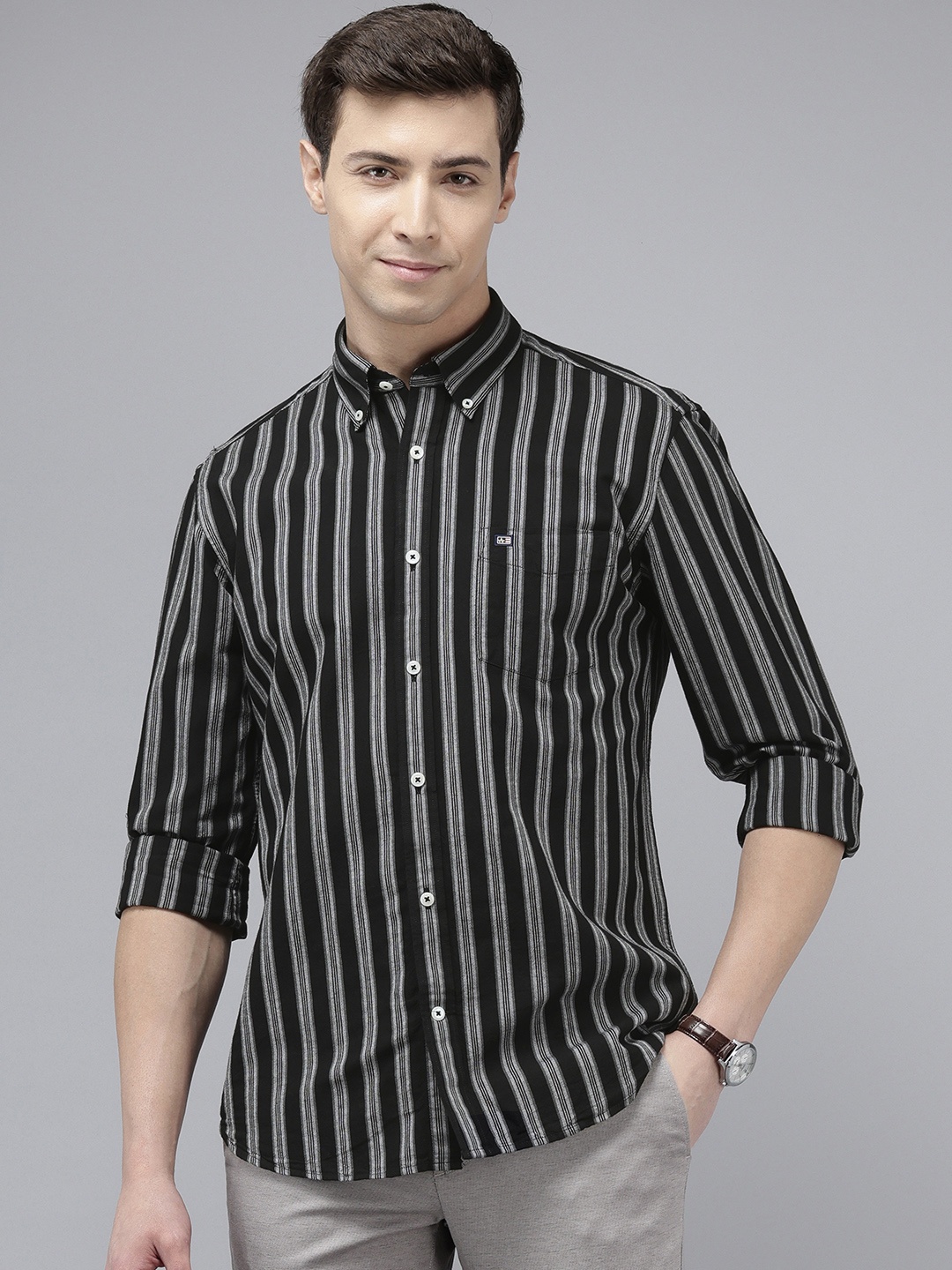 

Arrow Manhattan Slim Fit Striped Pure Cotton Casual Shirt, Black