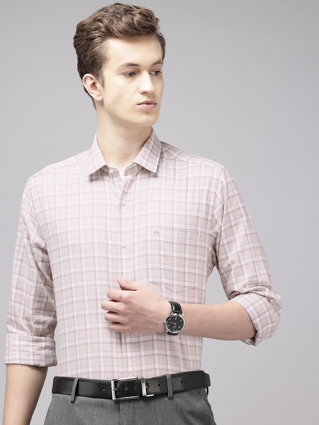 

Arrow Pure Cotton Manhattan Slim Fit Checked Formal Shirt, Beige