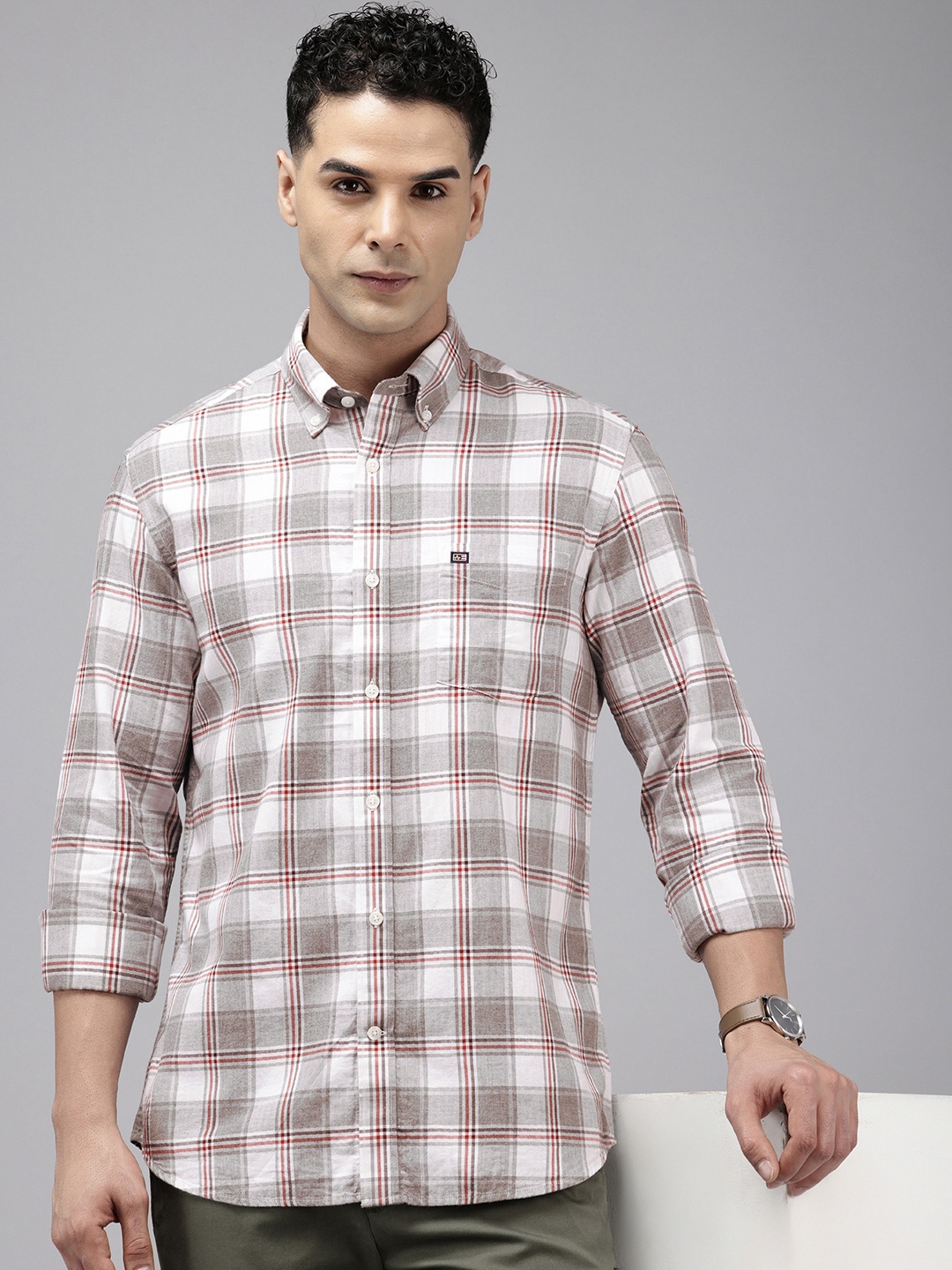 

Arrow Pure Cotton Manhattan Slim Fit Button-Down Collar Checked Casual Shirt, Grey