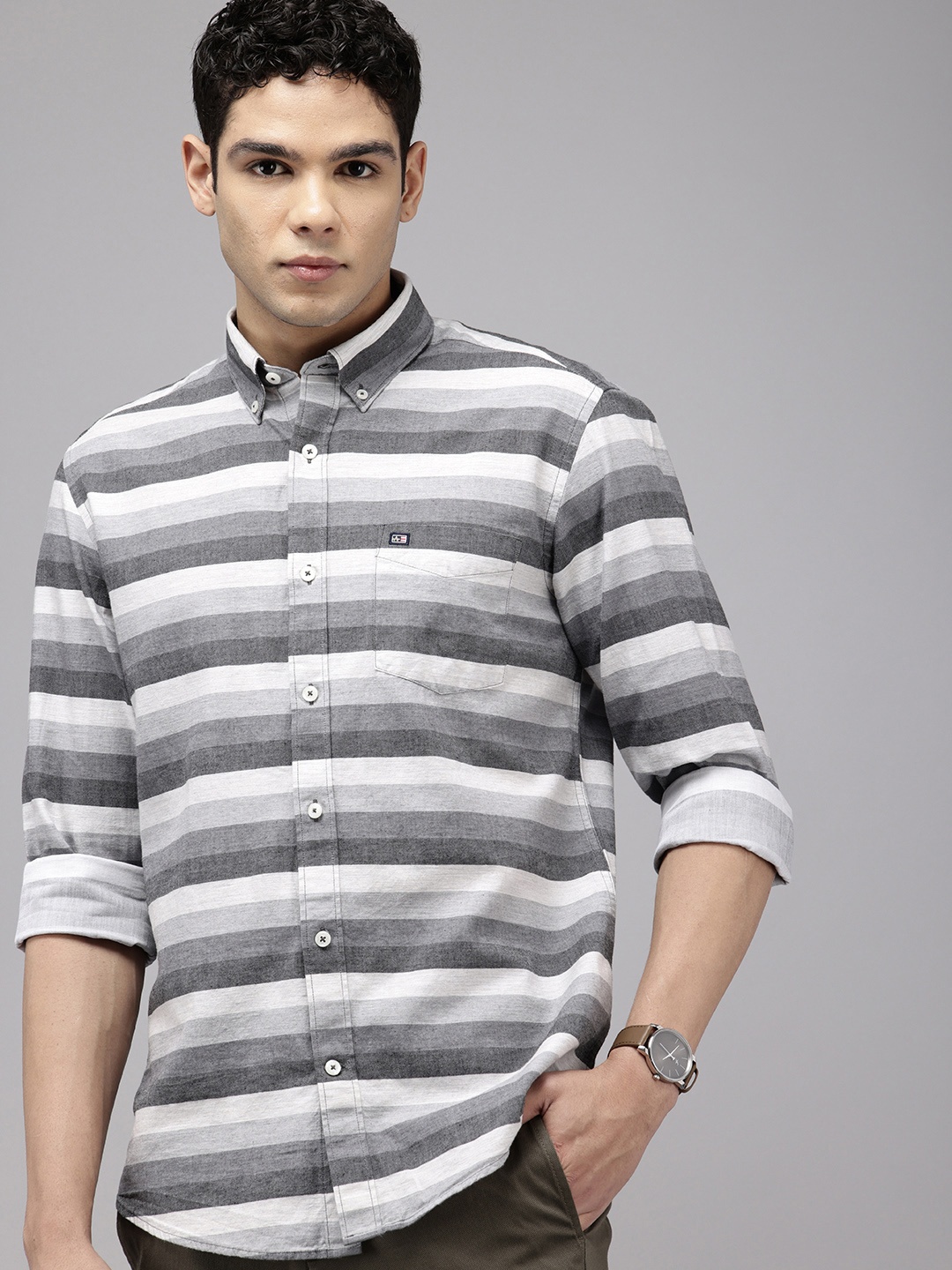 

Arrow Pure Cotton Manhattan Slim Fit Horizontal Stripes Opaque Casual Shirt, Grey