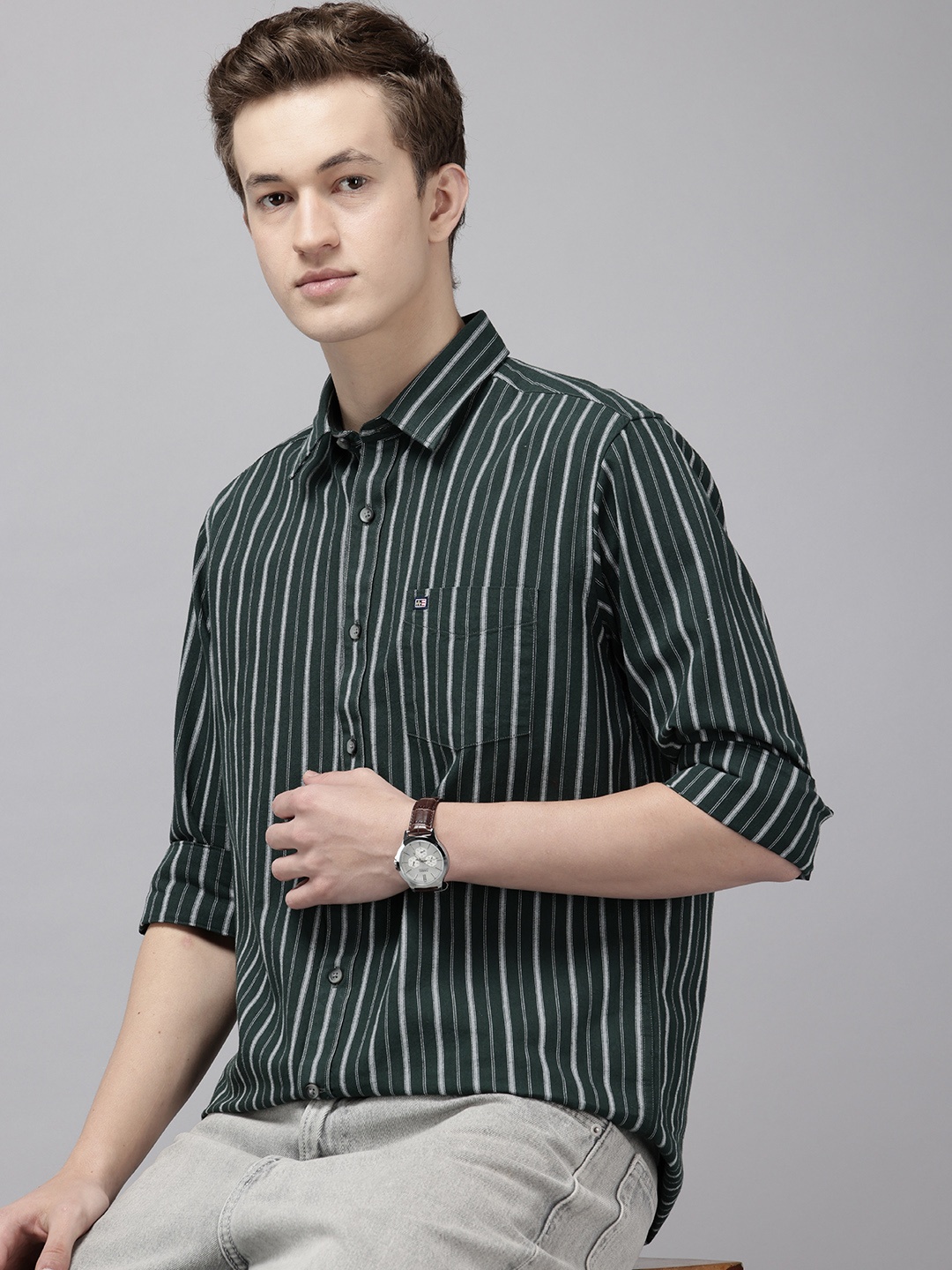 

Arrow Pure Cotton Manhattan Slim Fit Striped Casual Shirt, Green