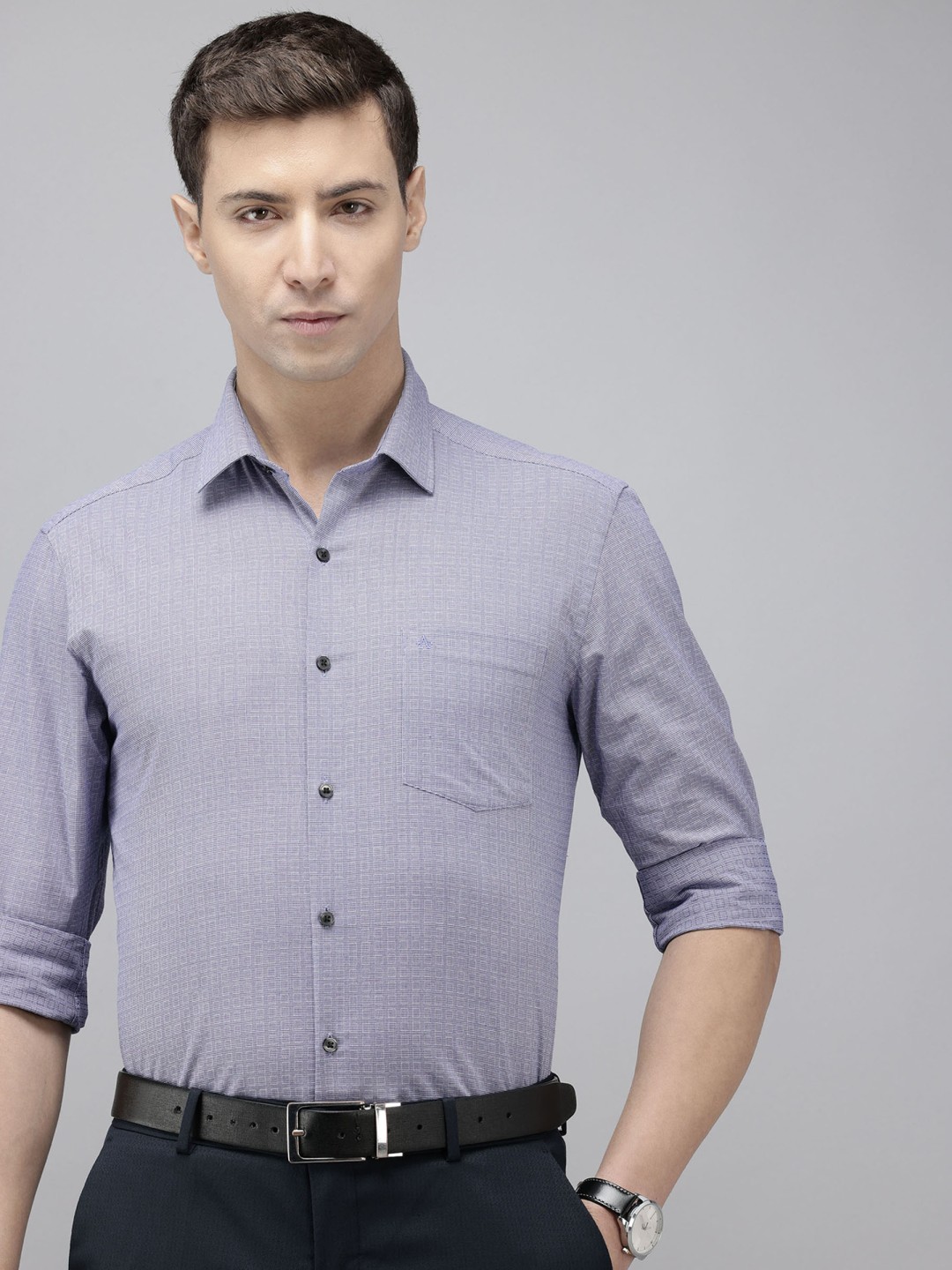 

Arrow Pure Cotton Self Design Manhattan Slim Fit Opaque Formal Shirt, Blue