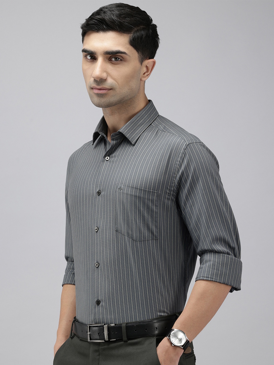 

Arrow Manhattan Slim Fit Self Striped Pure Cotton Formal Shirt, Grey