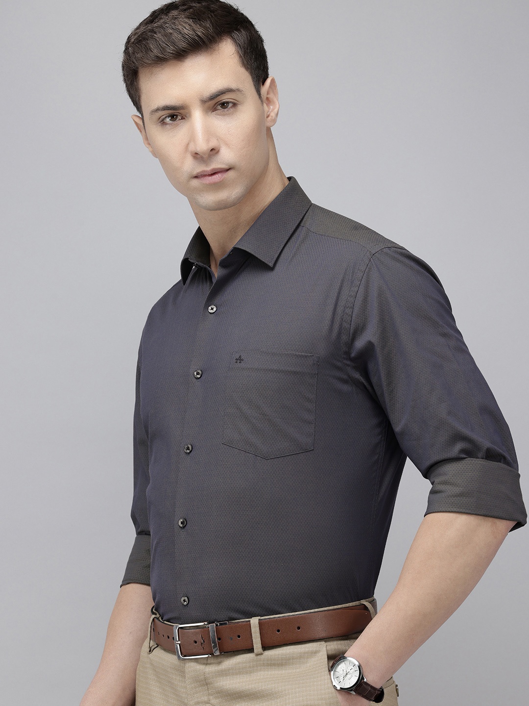 

Arrow Pure Cotton Self Design Manhattan Slim Fit Opaque Formal Shirt, Grey