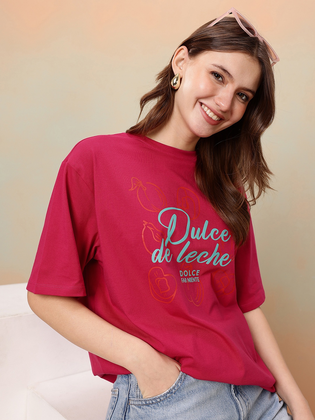 

Mast & Harbour Oversized Fit Typography Printed Pure Cotton T-shirt, Fuchsia